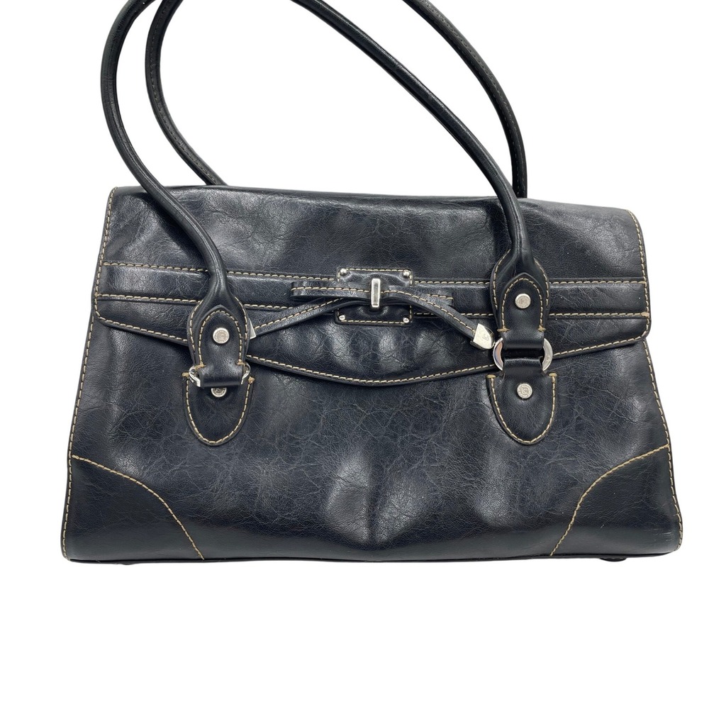 Liz Claiborne Black Faux Leather Shoulder Bag Contrast Stitching - Picture 3 of 10